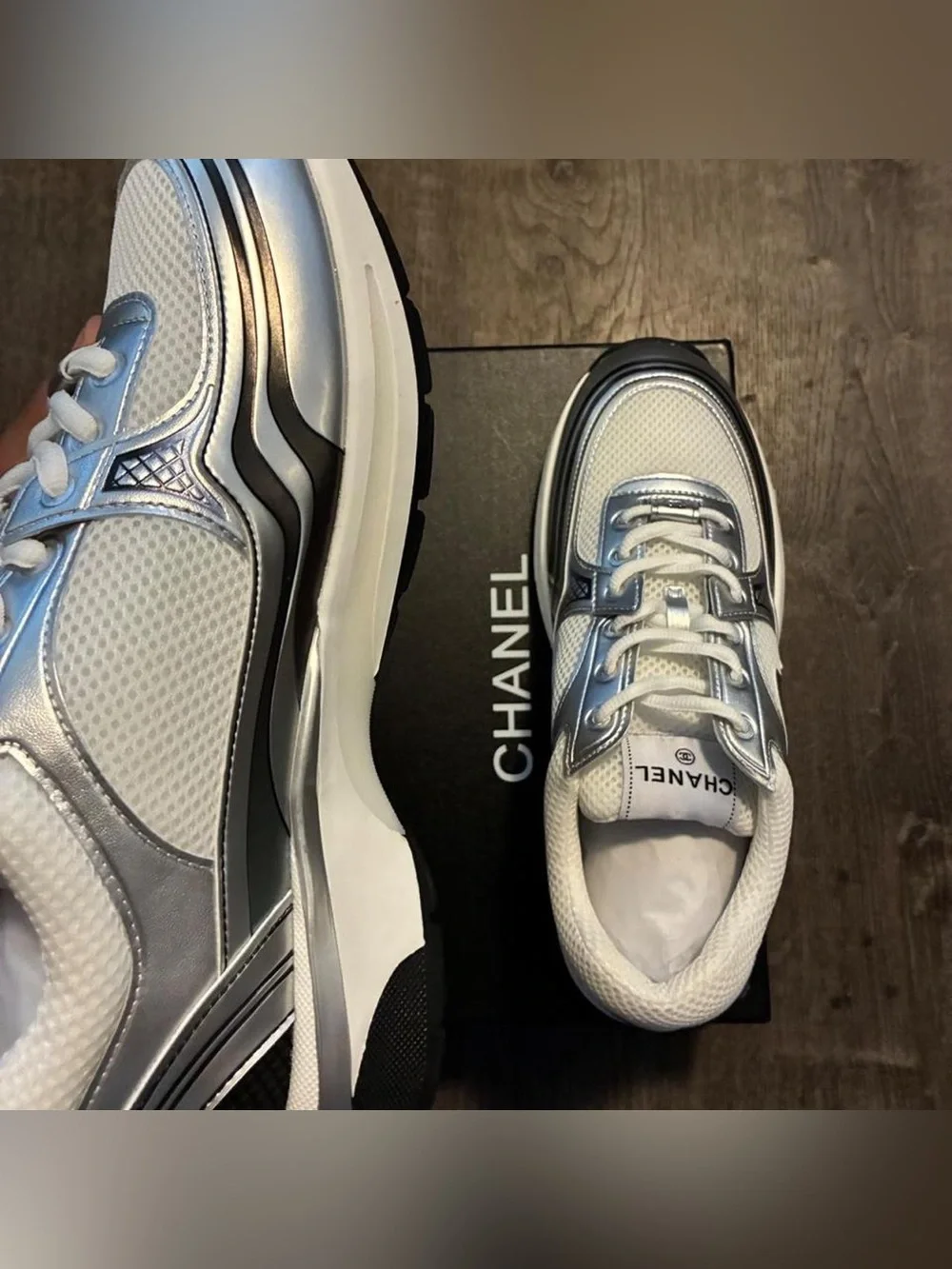 CHANEL Silver and White Mesh Logo Runner Sneakers